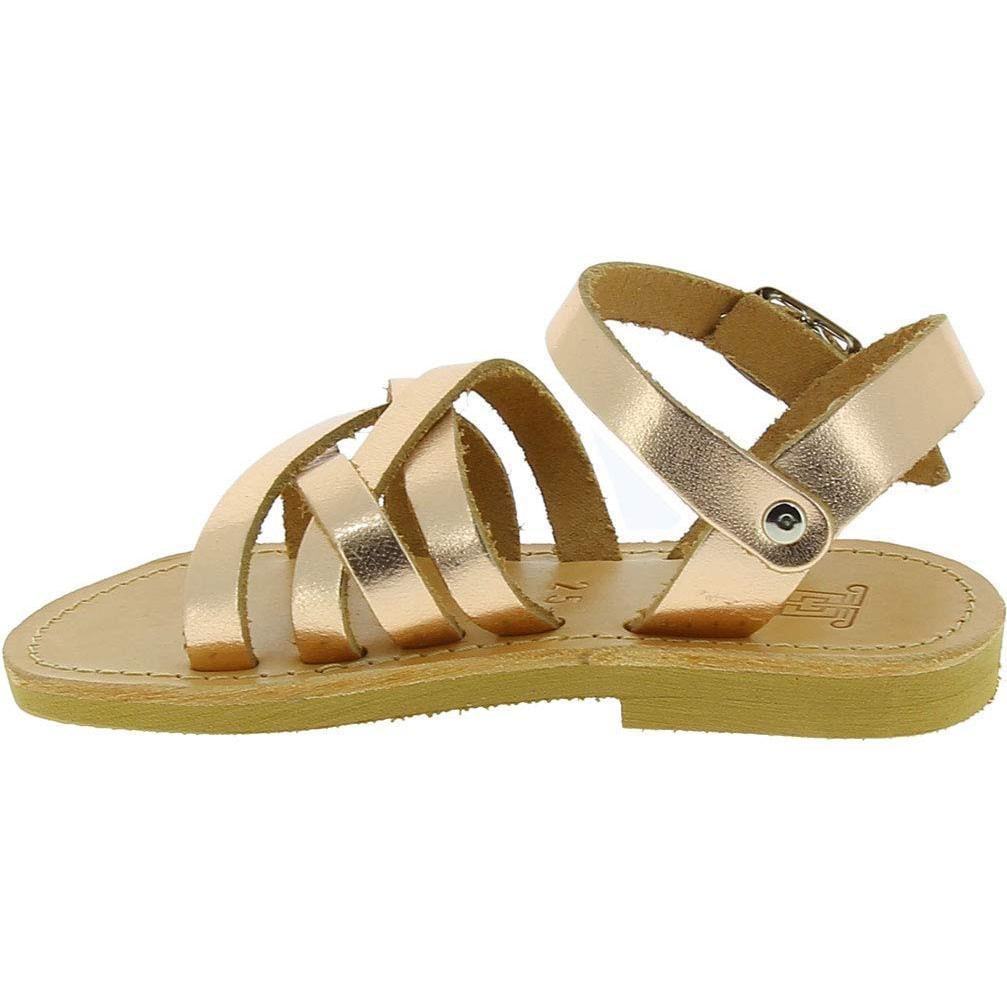 Sandali intrecciati gladiatore da bambina in pelle di vitello laminata oro rosa chiusura con fibbia