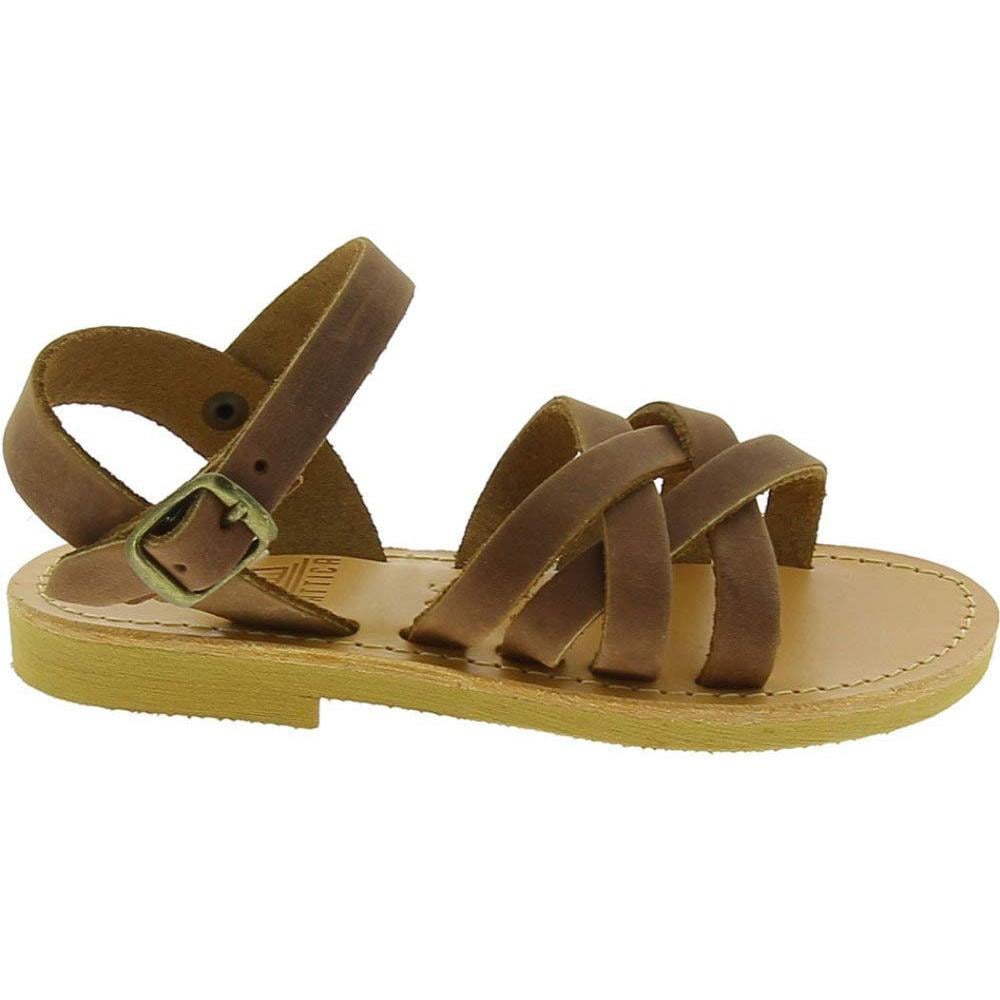 Sandali intrecciati gladiatore da bambino in pelle nubuck marrone chiusura con fibbia