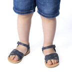 Sandali intrecciati gladiatore da bambino in pelle nubuck blu chiusura con fibbia