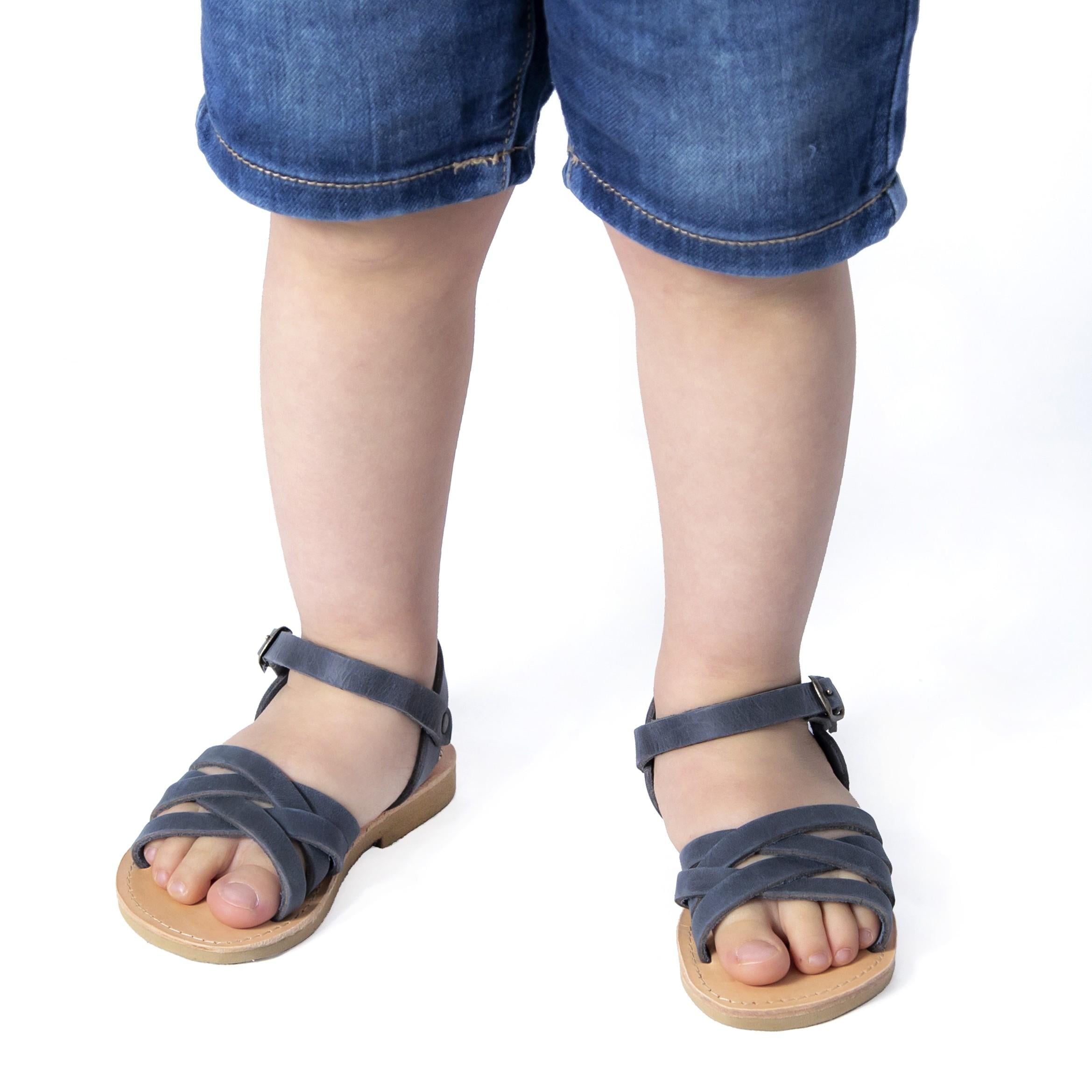 Sandali intrecciati gladiatore da bambino in pelle nubuck blu chiusura con fibbia