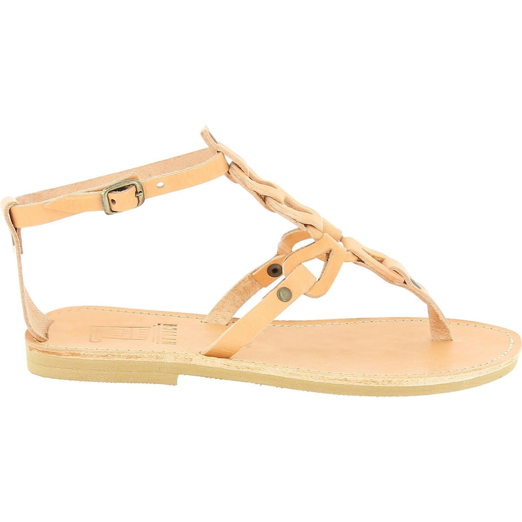 Sandali infradito da donna con lacci incrociati fatti a mano in pelle di vitello nude