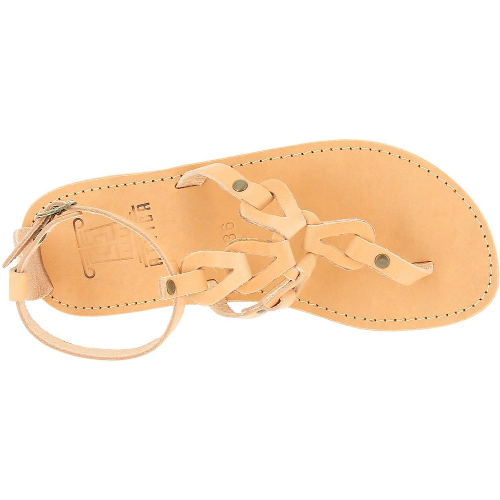 Sandali infradito da donna con lacci incrociati fatti a mano in pelle di vitello nude