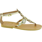 Sandali infradito da donna con lacci incrociati fatti a mano in pelle di vitello laminata oro