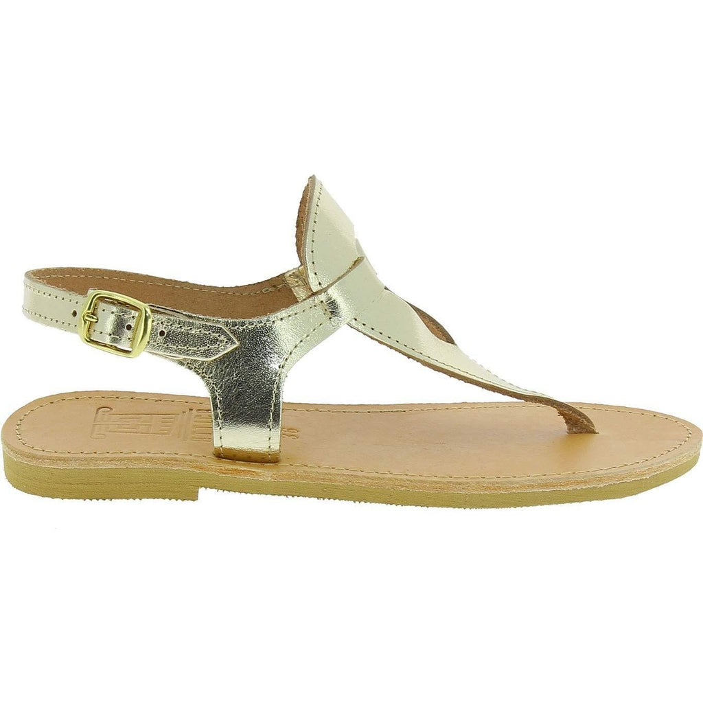 Sandali infradito a goccia da donna fatti a mano in pelle di vitello laminata oro