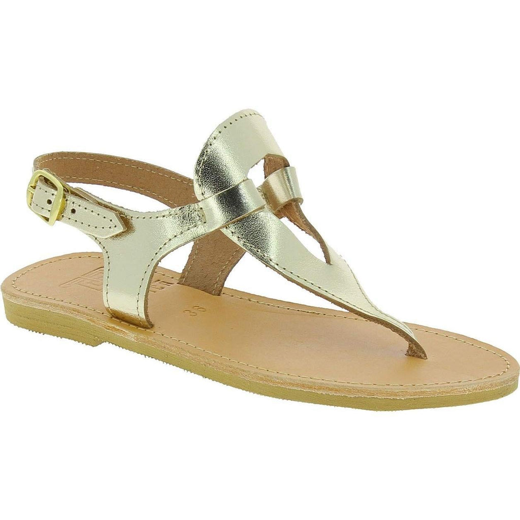 Sandali infradito a goccia da donna fatti a mano in pelle di vitello laminata oro