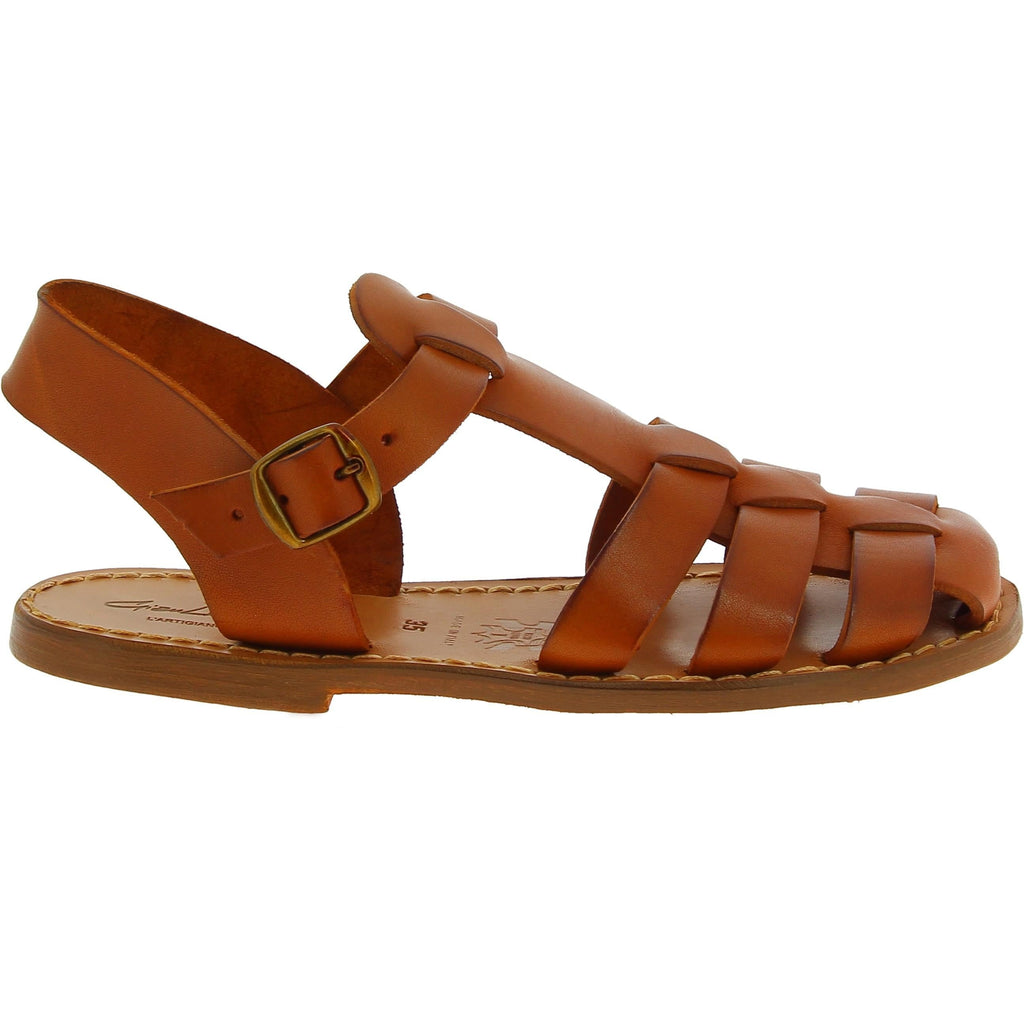 Sandali bassi in pelle color cuoio fatti a mano in Italia
