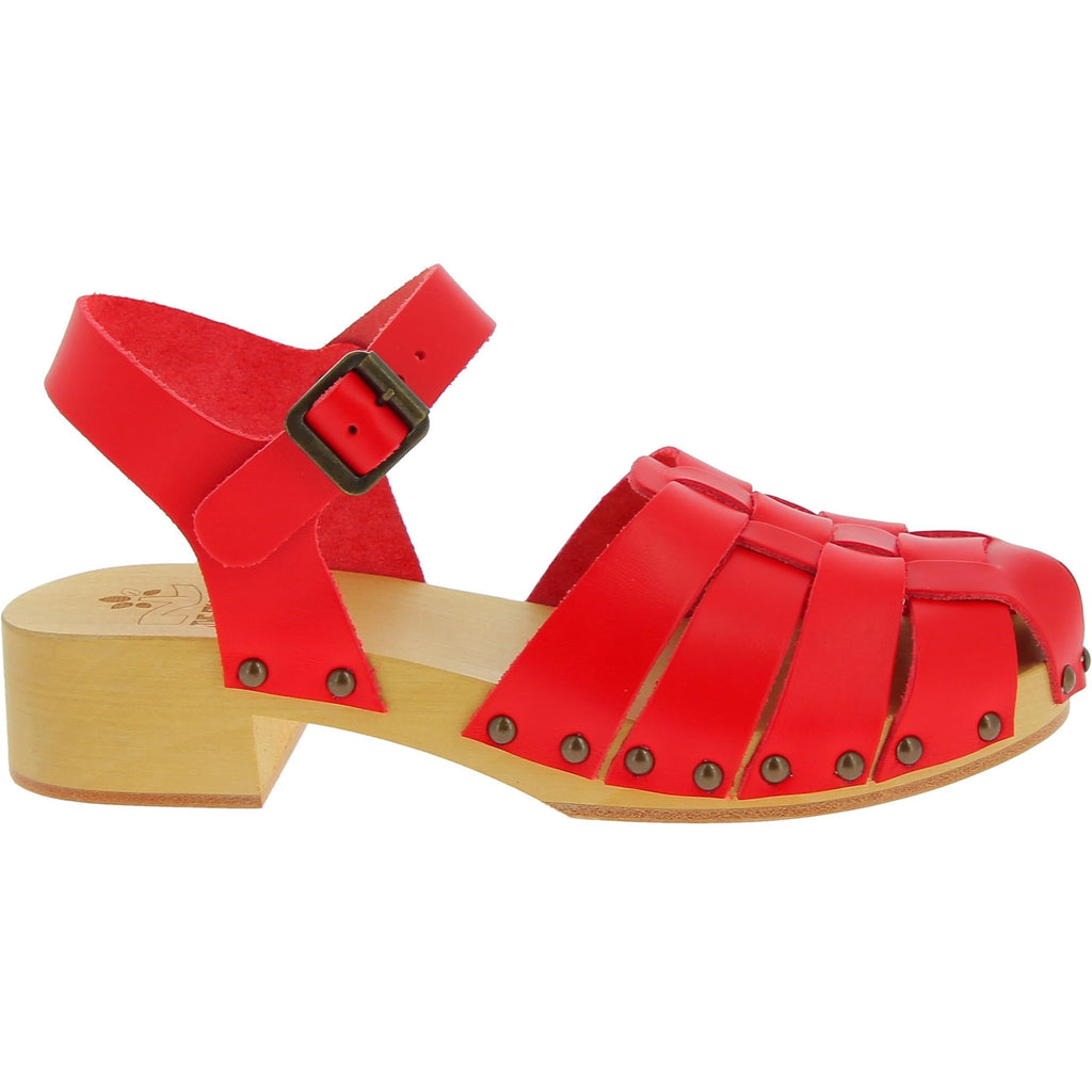 Zoccoli da donna in legno artigianali con tomaia a gabbia in pelle rossa