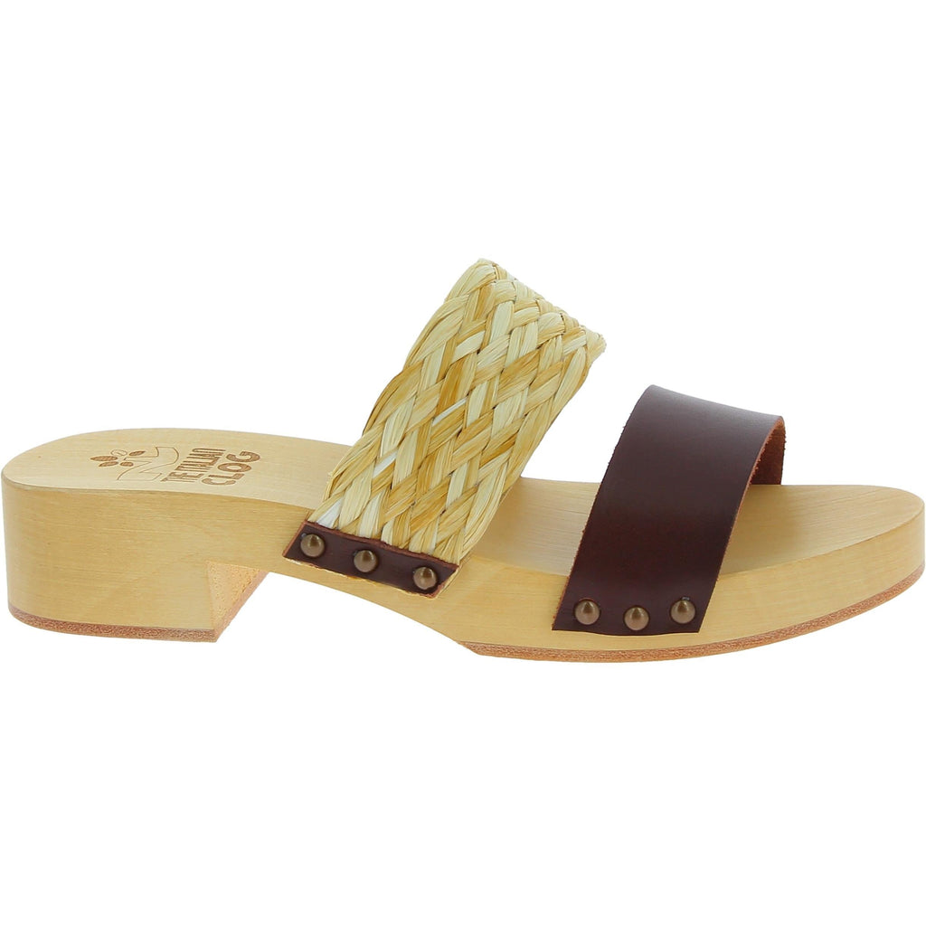Sabot in legno da donna artigianali con fascia in rafia e pelle testa di moro