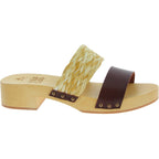Sabot in legno da donna artigianali con fascia in rafia e pelle testa di moro