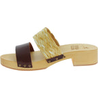 Sabot in legno da donna artigianali con fascia in rafia e pelle testa di moro