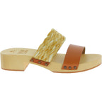 Sabot in legno da donna artigianali con fascia in rafia e pelle color cuoio