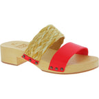 Sabot in legno da donna artigianali con fascia in rafia e pelle rossa