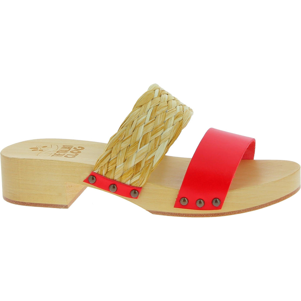 Sabot in legno da donna artigianali con fascia in rafia e pelle rossa