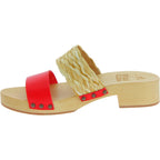Sabot in legno da donna artigianali con fascia in rafia e pelle rossa