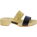 Sabot da donna in legno artigianali con fascia in rafia e pelle nero