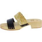 Sabot da donna in legno artigianali con fascia in rafia e pelle nero