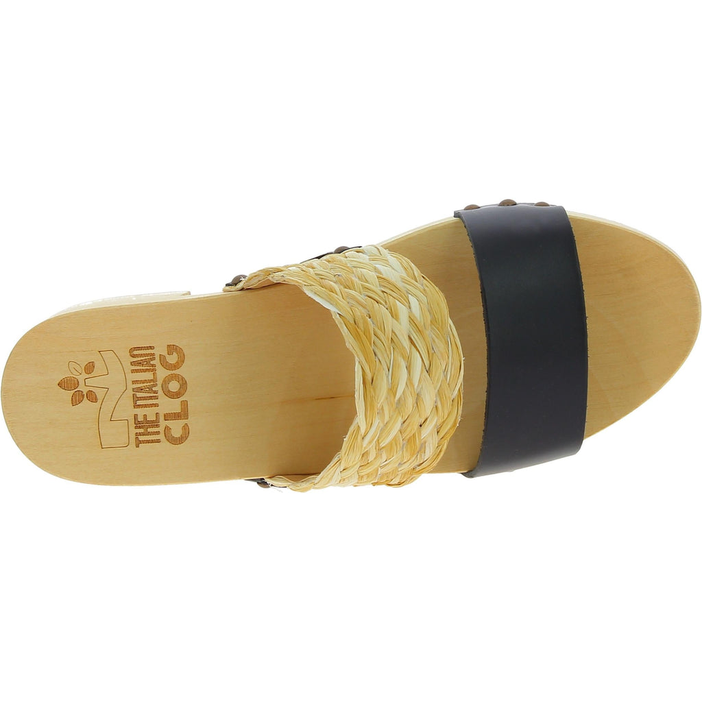 Sabot da donna in legno artigianali con fascia in rafia e pelle nero