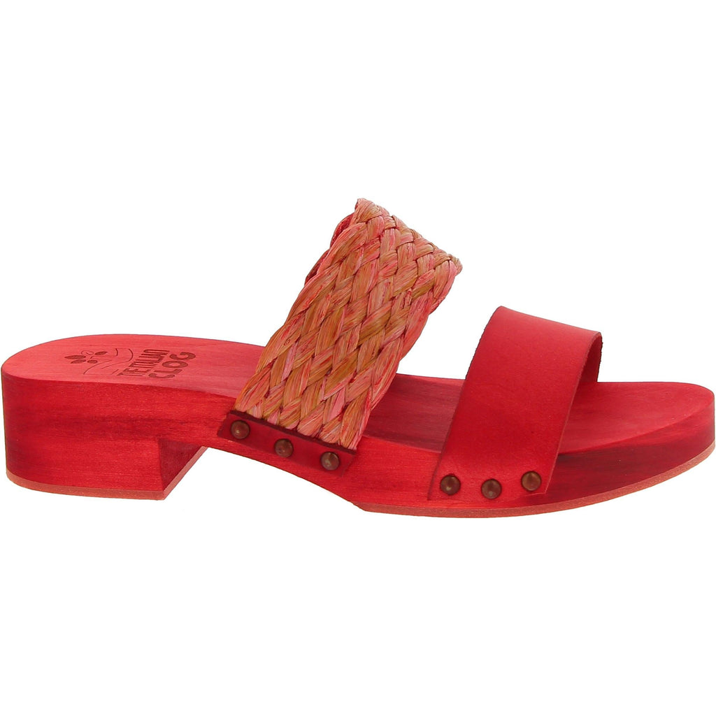 Sabot da donna rosso in legno artigianali con fascia in rafia e pelle