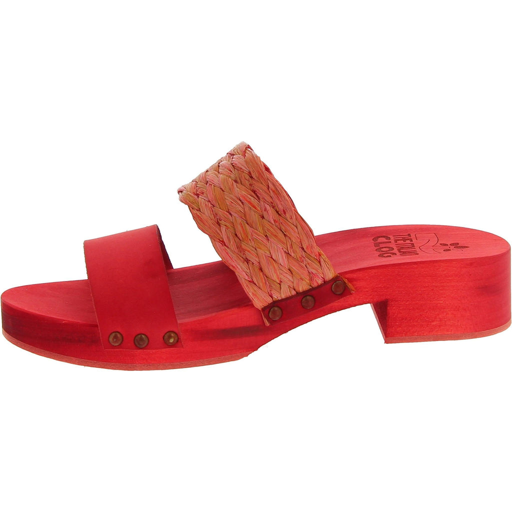 Sabot da donna rosso in legno artigianali con fascia in rafia e pelle