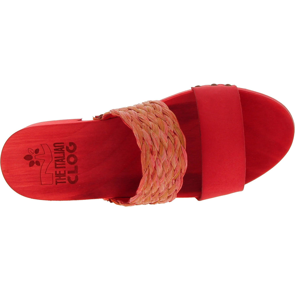 Sabot da donna rosso in legno artigianali con fascia in rafia e pelle