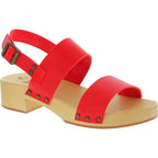 Zoccoli donna in legno con fasce in pelle rossa