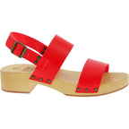 Zoccoli donna in legno con fasce in pelle rossa