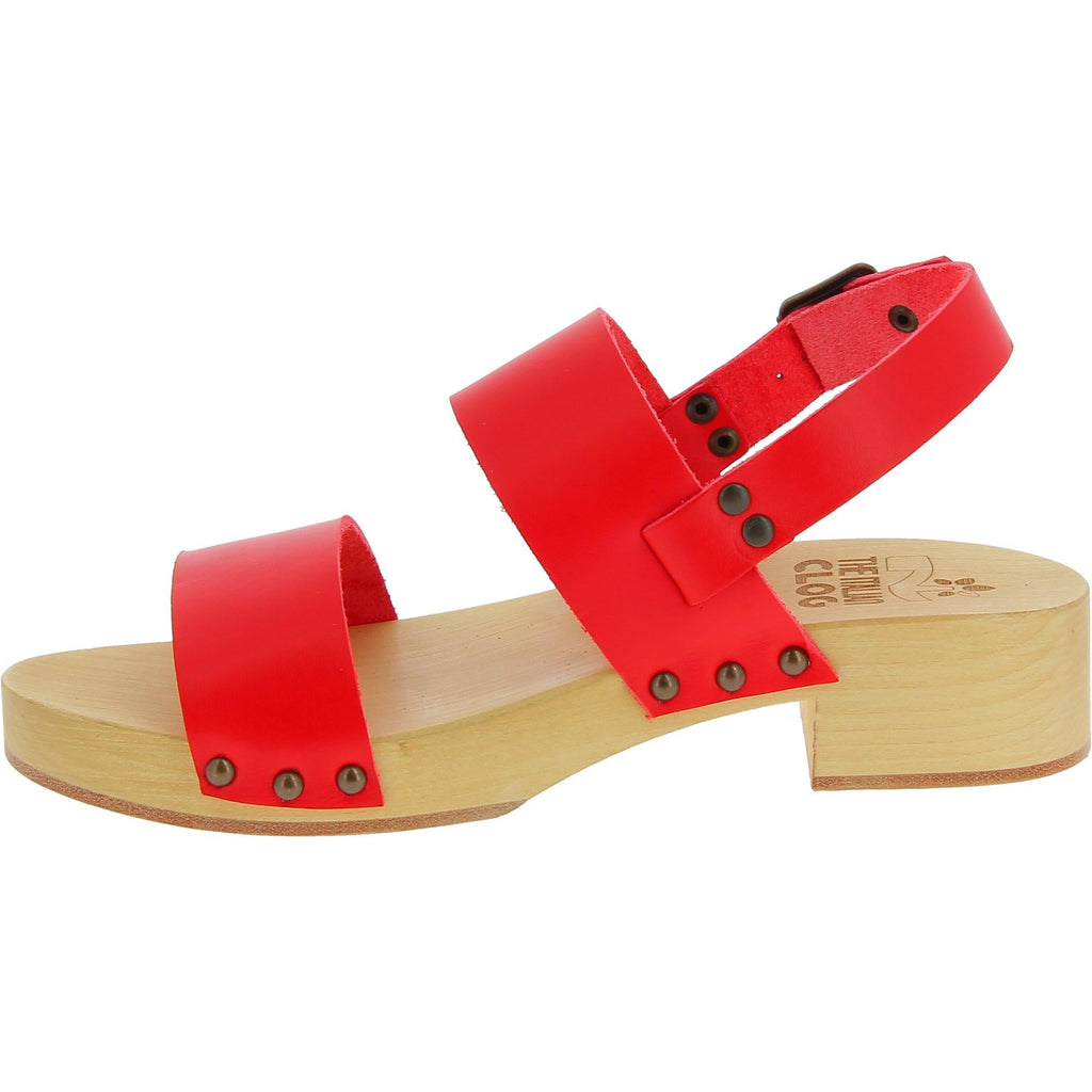 Zoccoli donna in legno con fasce in pelle rossa