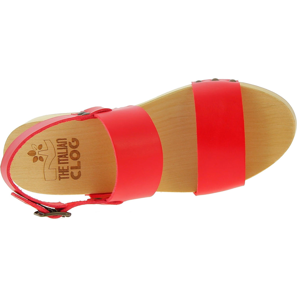 Zoccoli donna in legno con fasce in pelle rossa