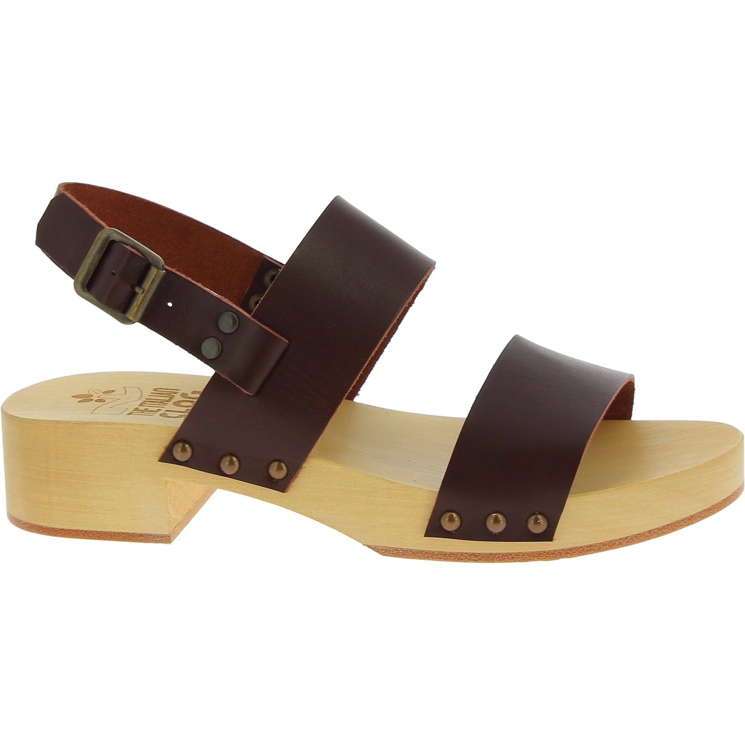 Zoccoli donna in legno con fasce in pelle marrone scuro