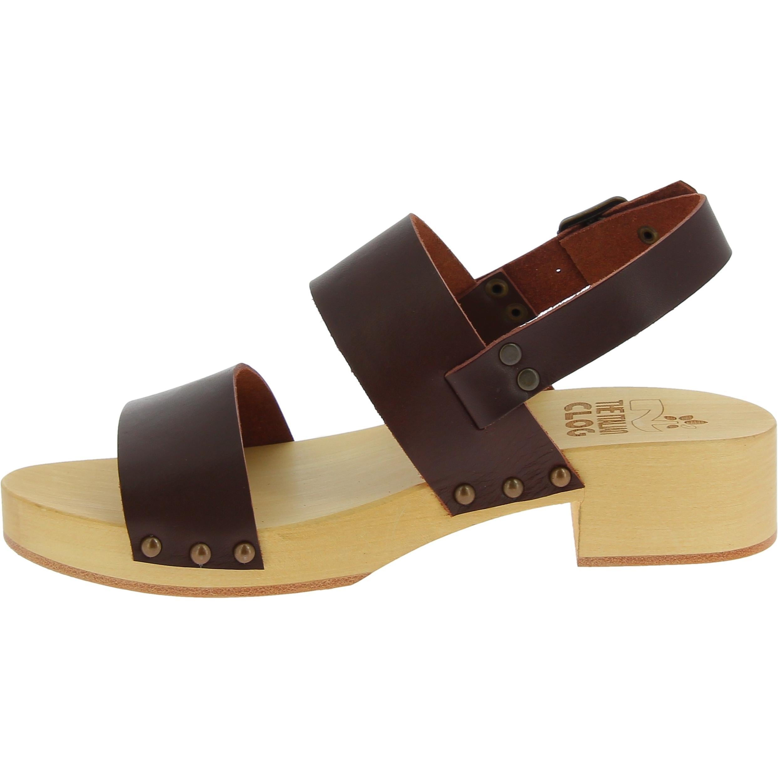 Zoccoli donna in legno con fasce in pelle marrone scuro