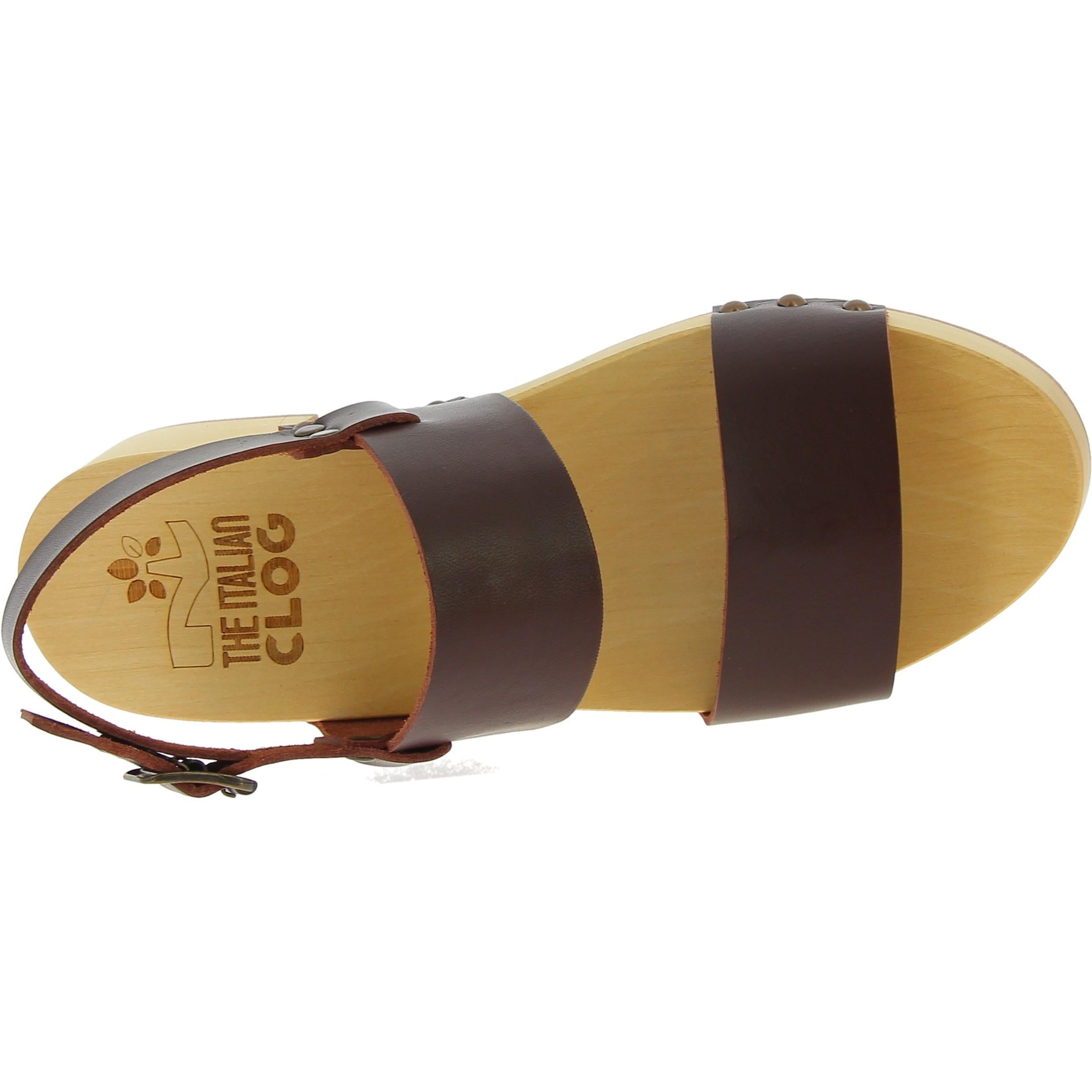 Zoccoli donna in legno con fasce in pelle marrone scuro