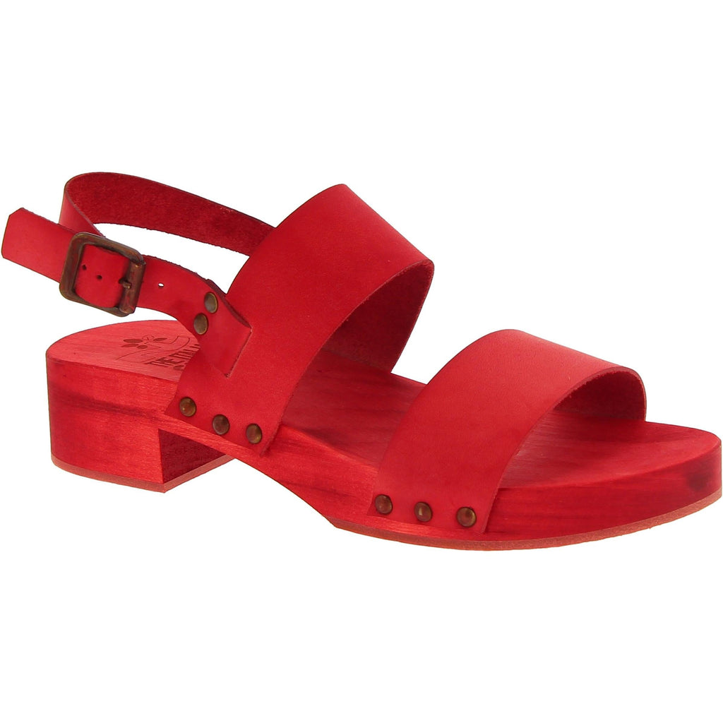 Sabot donna rosso in legno artigianali con fascia in pelle