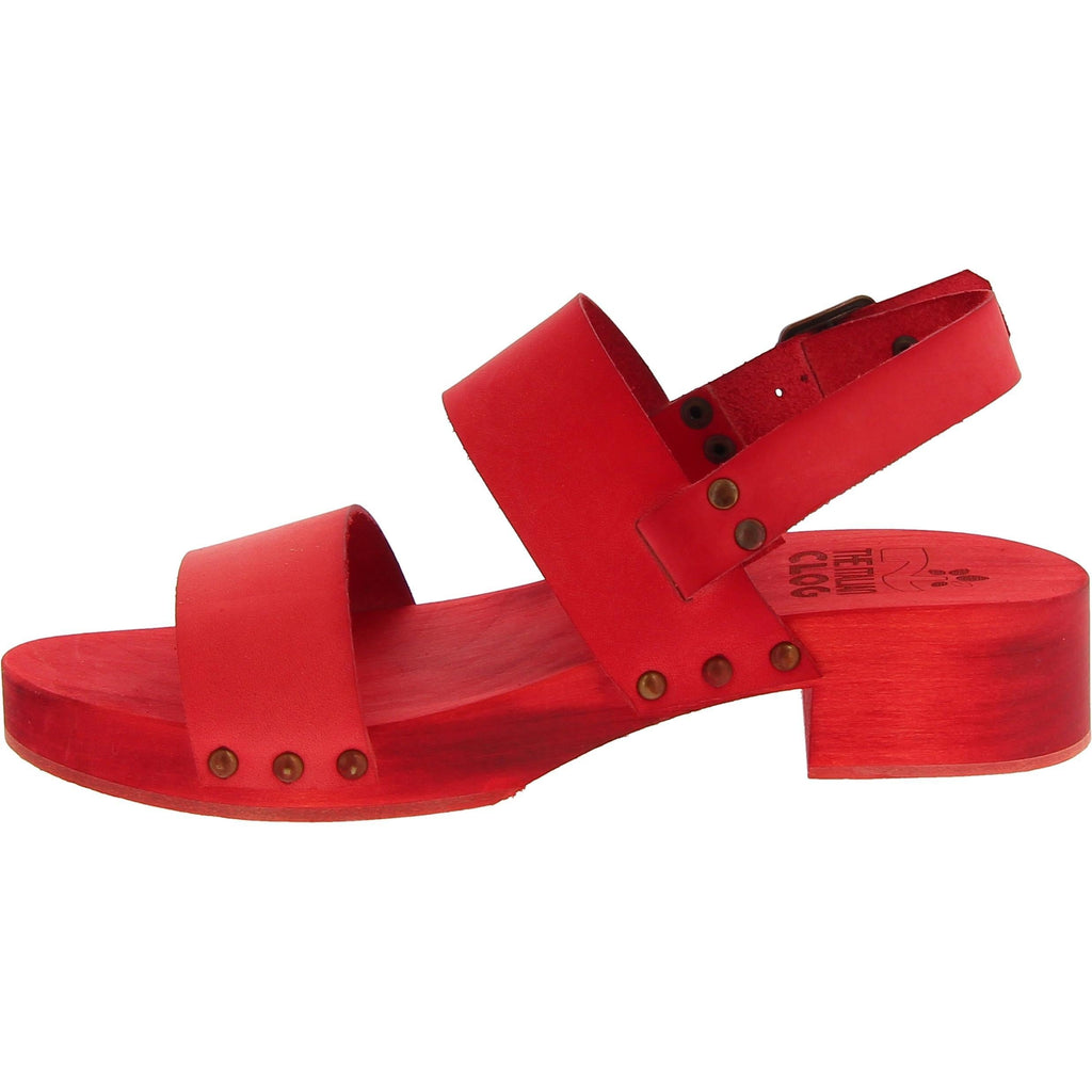 Sabot donna rosso in legno artigianali con fascia in pelle