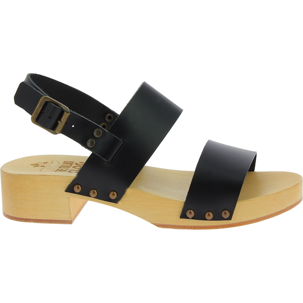 Zoccoli in legno con tacco con fasce in pelle nera