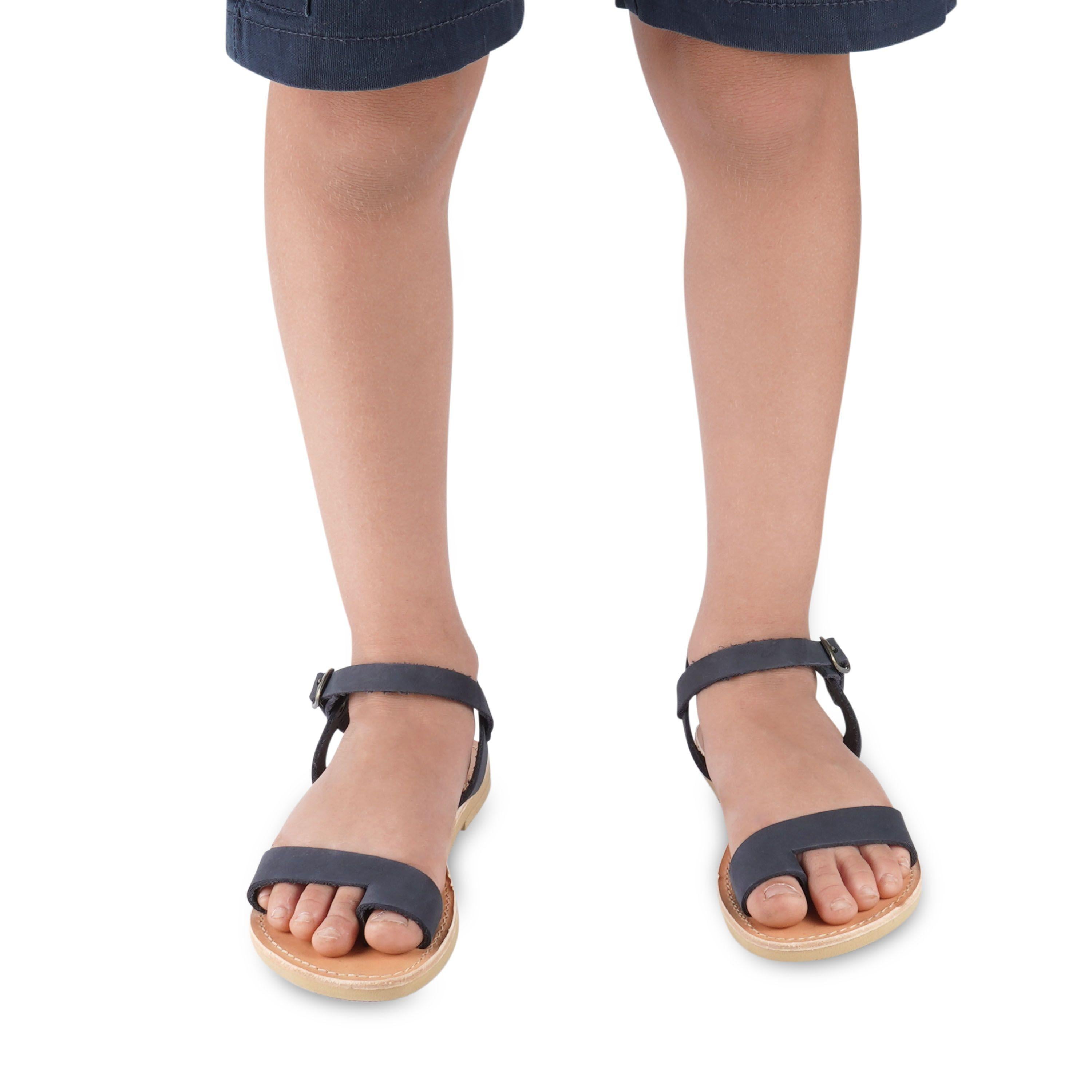 Sandali infradito da bambino in pelle nubuk blu chiusura con fibbia