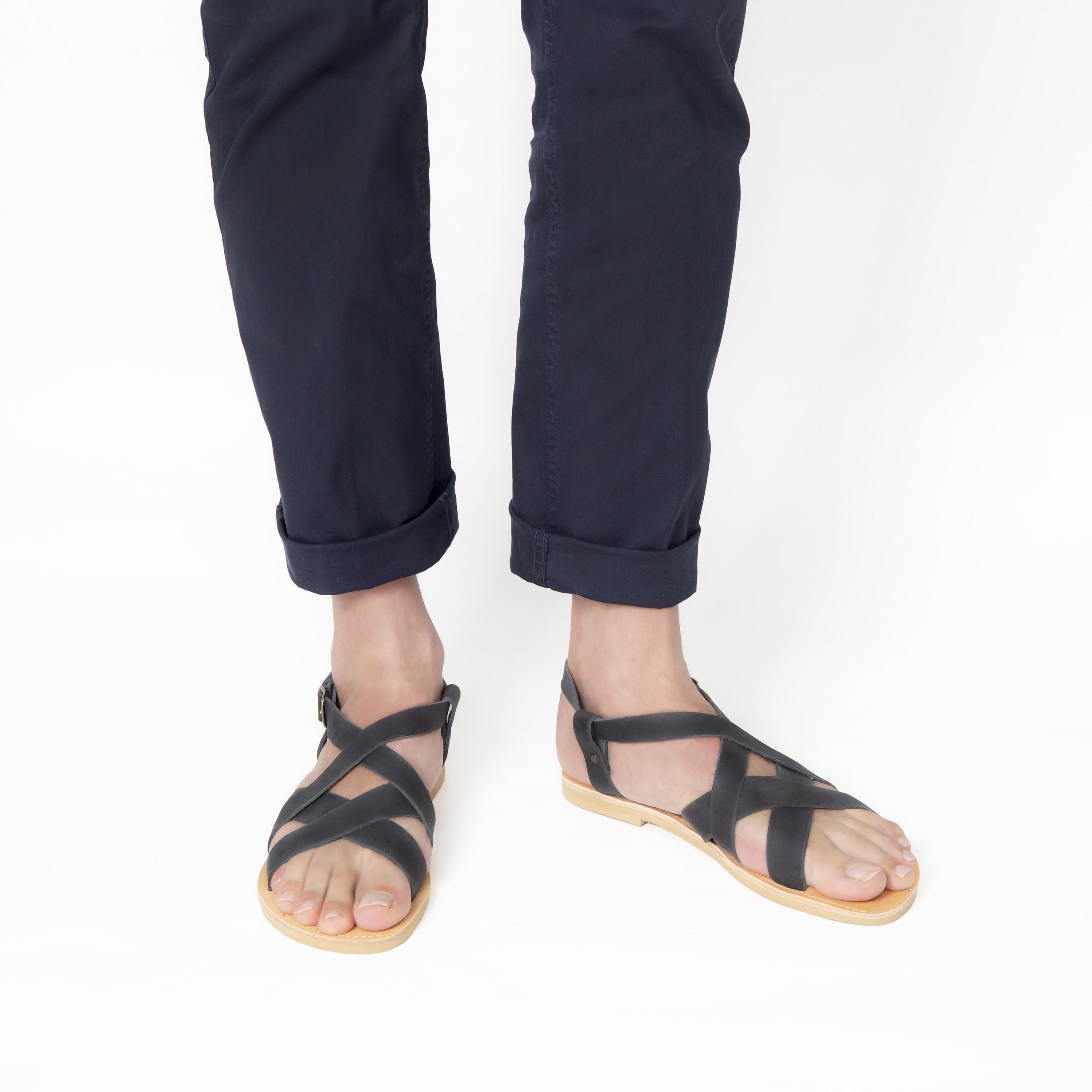 Sandali infradito da uomo in pelle nabuk blu fatti a mano