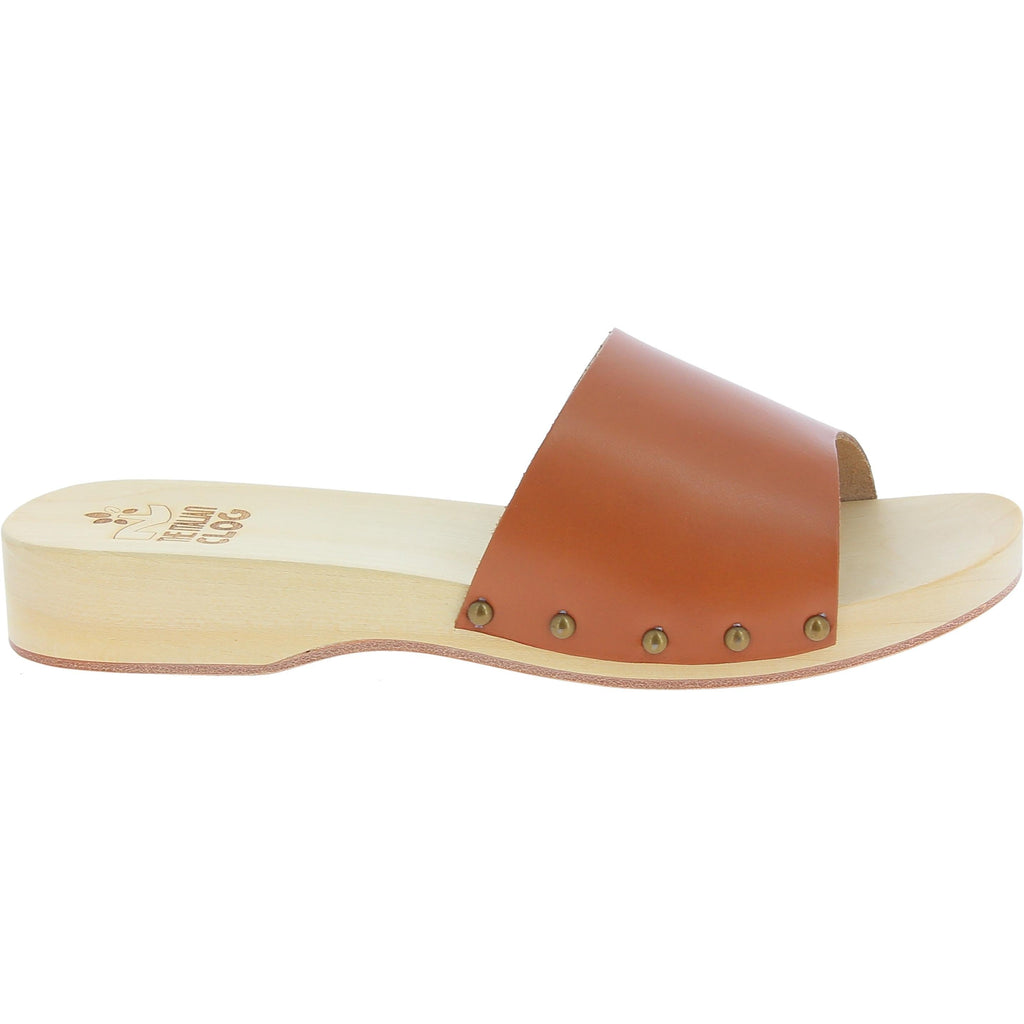 Zoccoli in legno da uomo con fascia larga in pelle color marrone