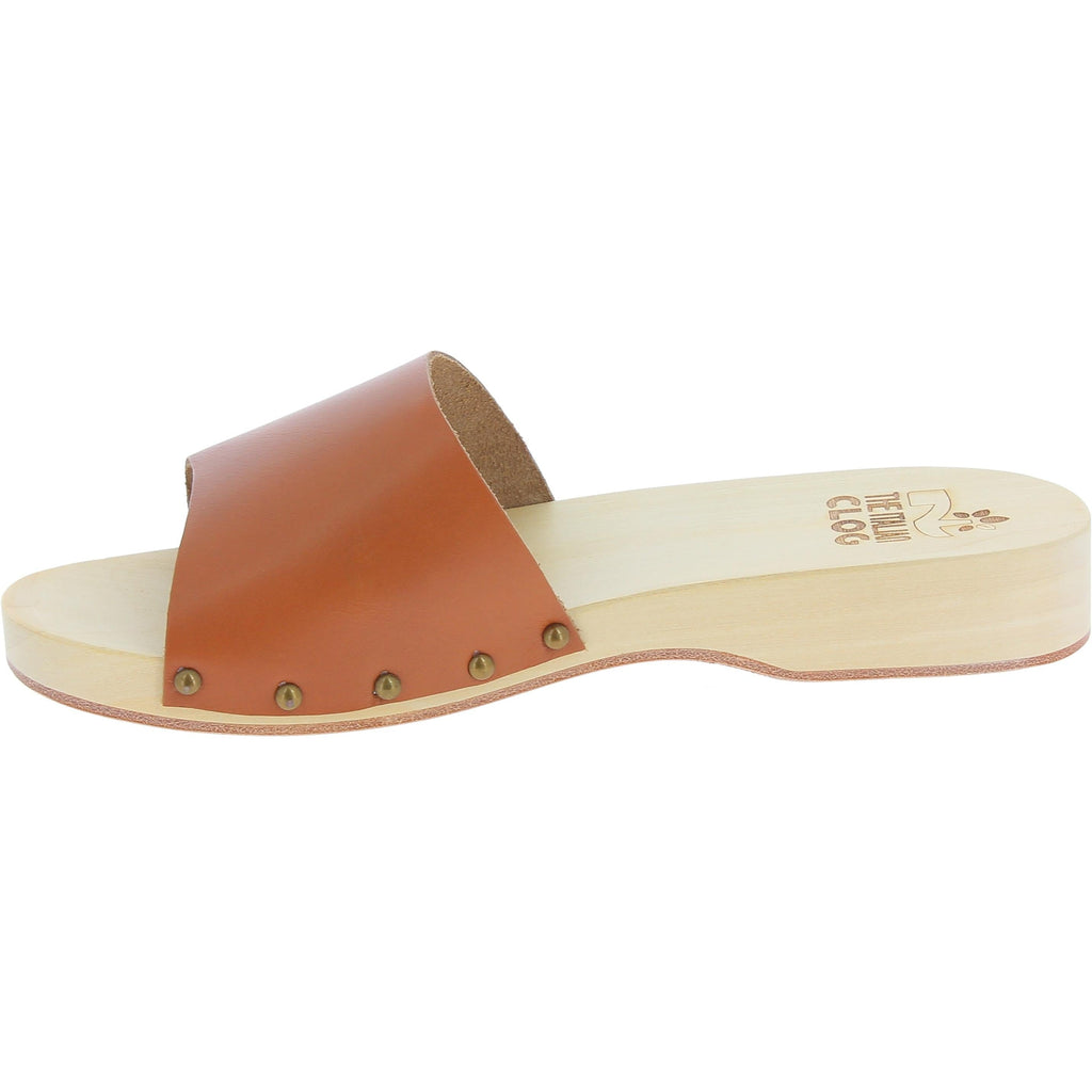 Zoccoli in legno da uomo con fascia larga in pelle color marrone