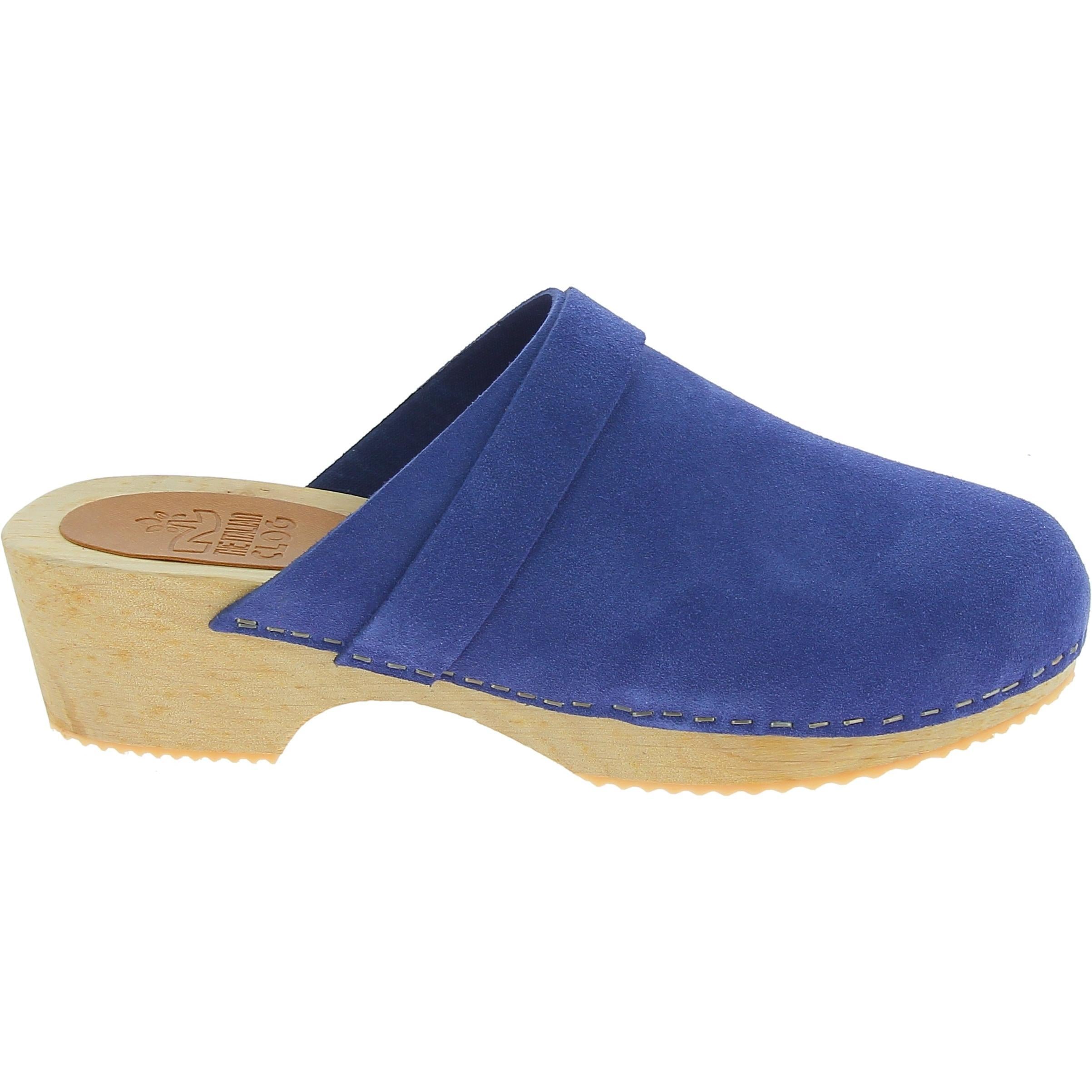 Zoccoli in legno da donna con tomaia chiusa in pelle scamosciata blu