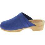 Zoccoli in legno da donna con tomaia chiusa in pelle scamosciata blu