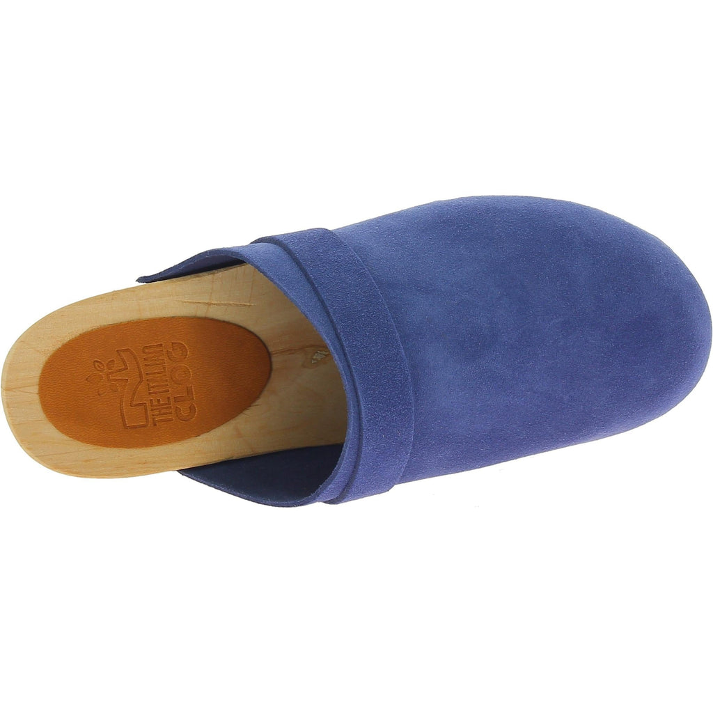 Zoccoli in legno da donna con tomaia chiusa in pelle scamosciata blu