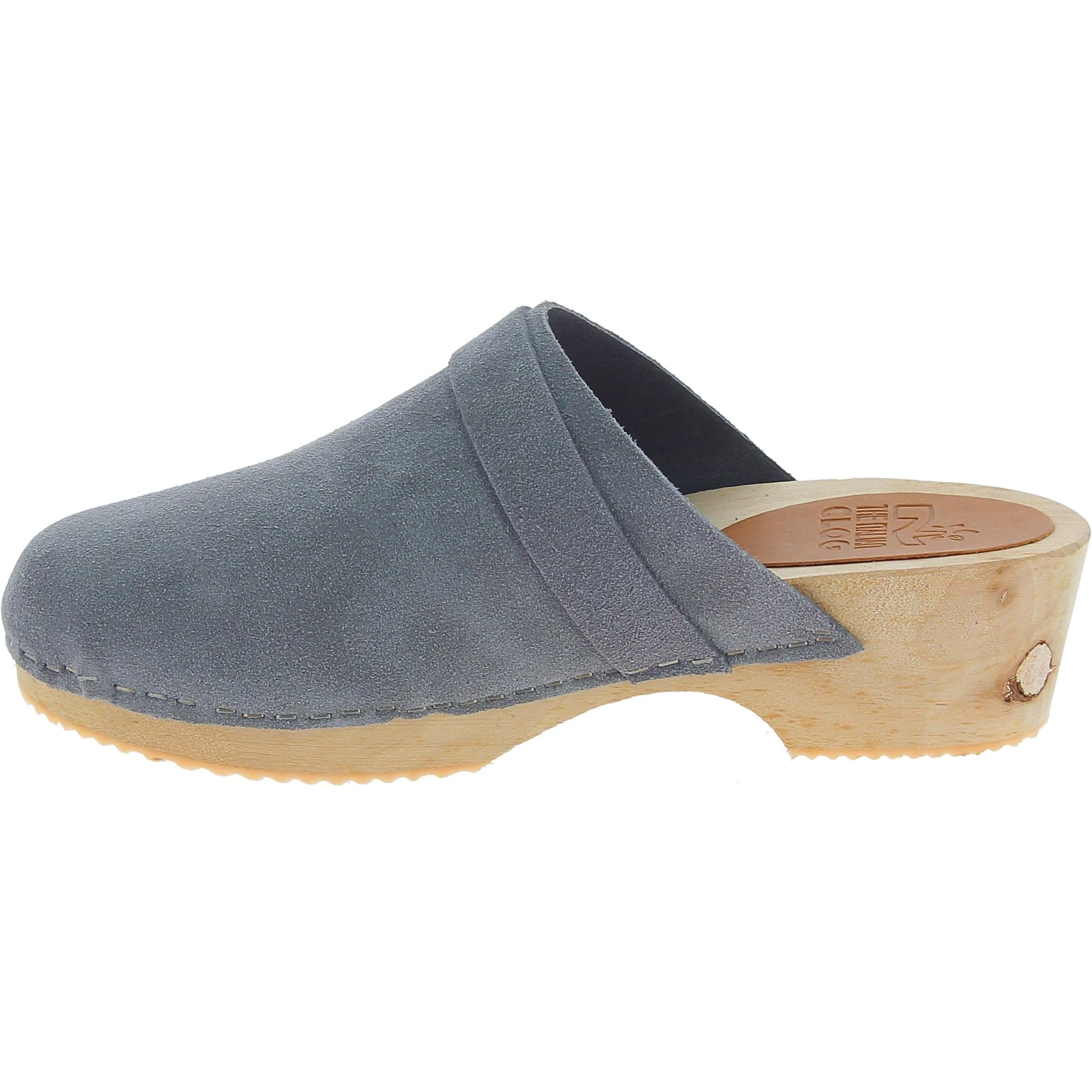 Zoccoli in legno da donna con tomaia chiusa in pelle scamosciata grigia