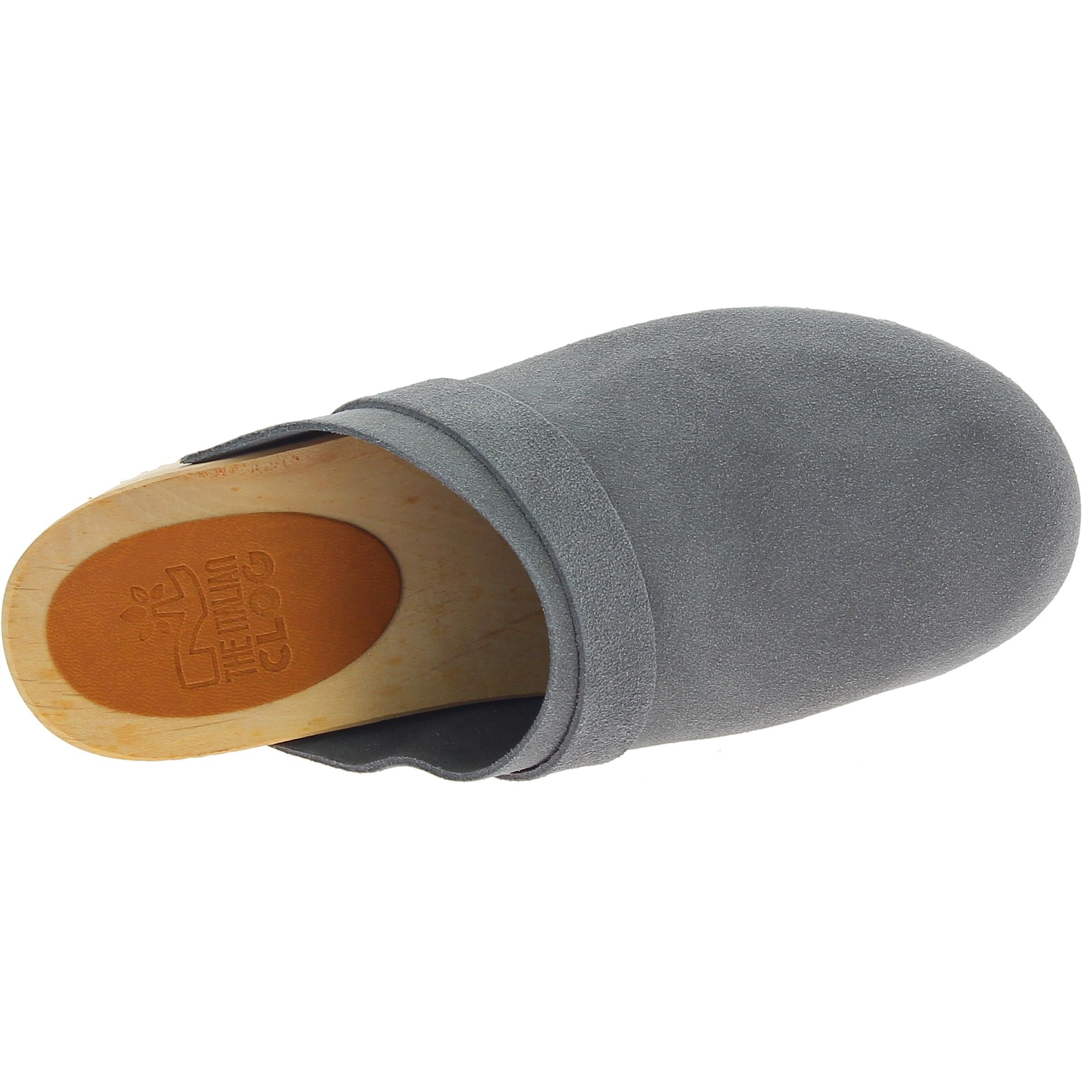 Zoccoli in legno da donna con tomaia chiusa in pelle scamosciata grigia