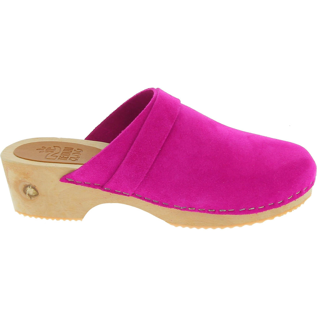 Zoccoli in legno con tomaia chiusa in pelle scamosciata rosa