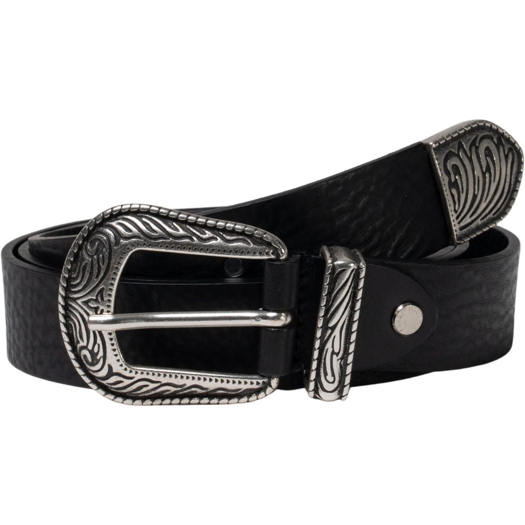 Cintura western donna in pelle nero con puntale in metallo inciso