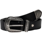 Cintura western donna in pelle nero con puntale in metallo inciso
