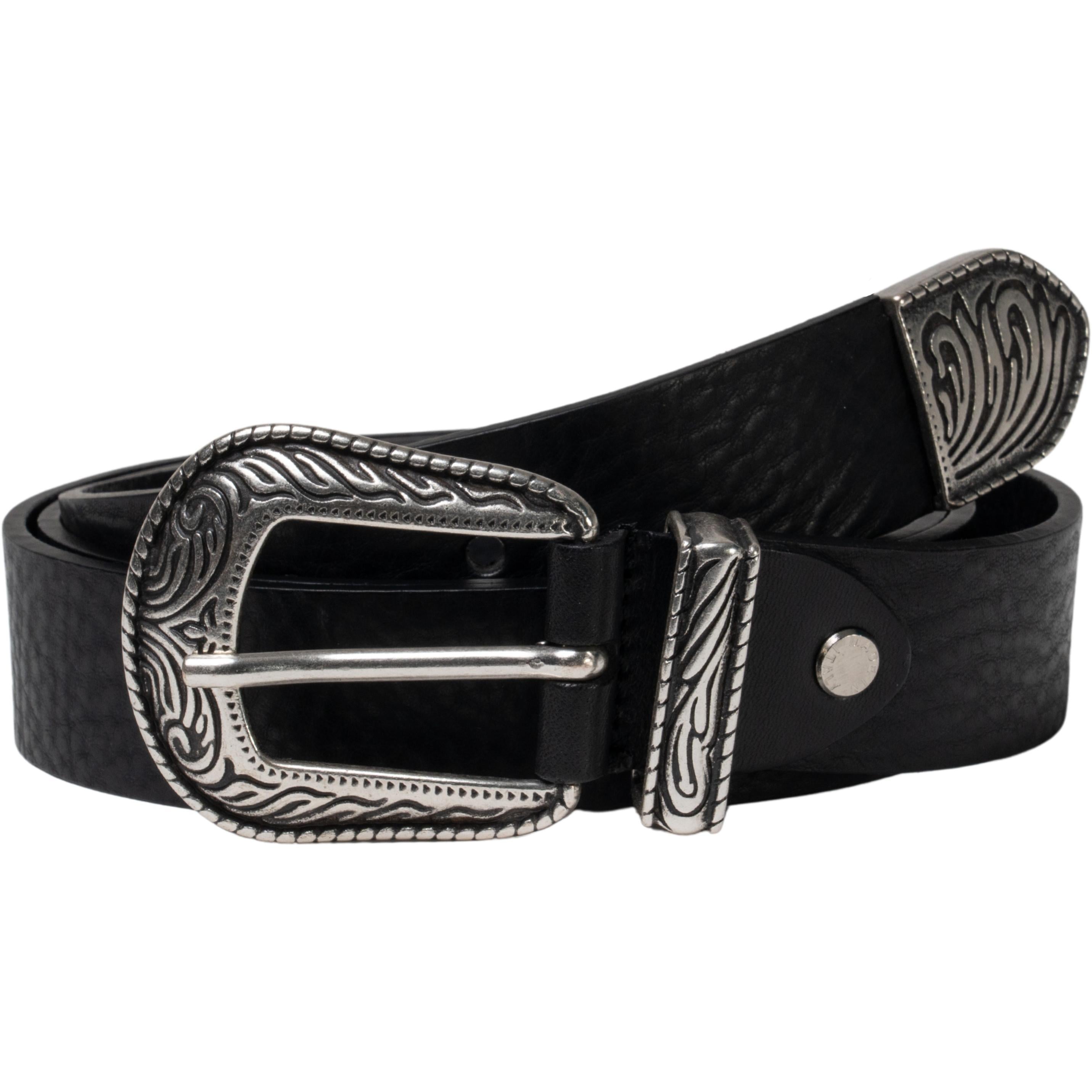 Cintura western donna in pelle nero con puntale in metallo inciso
