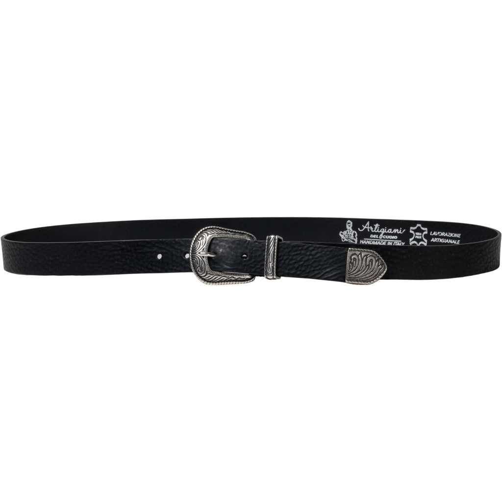 Cintura western donna in pelle nero con puntale in metallo inciso