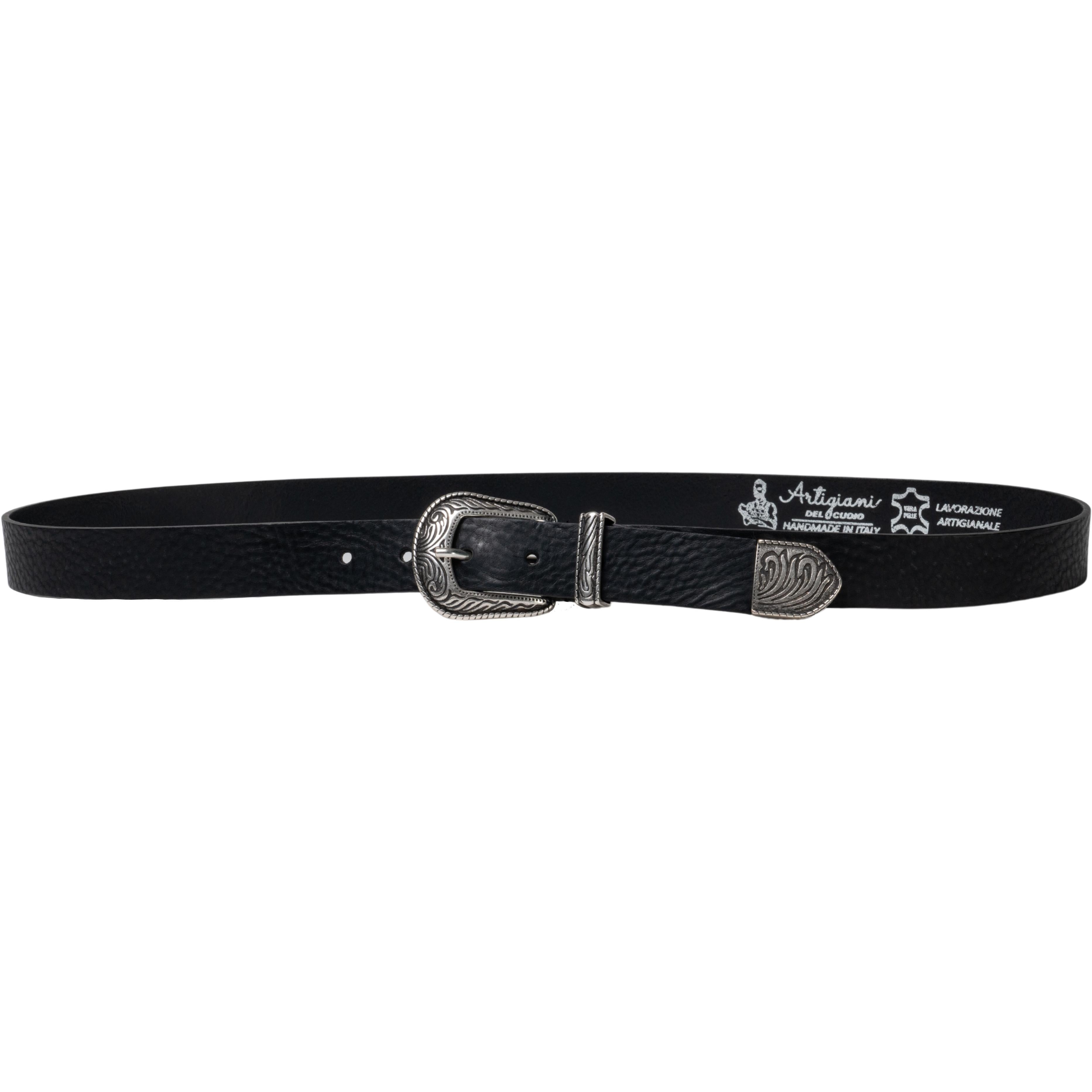 Cintura western donna in pelle nero con puntale in metallo inciso