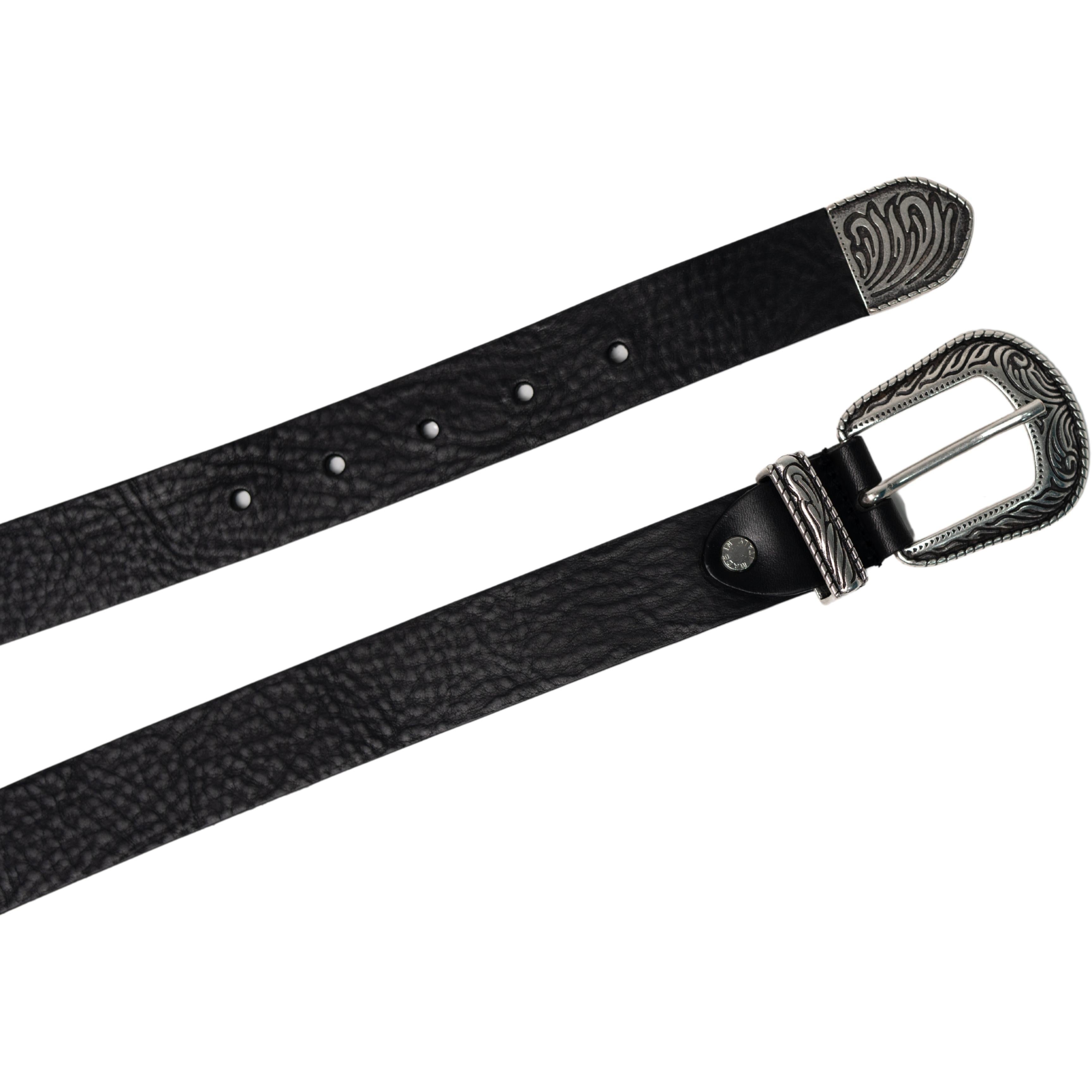 Cintura western donna in pelle nero con puntale in metallo inciso